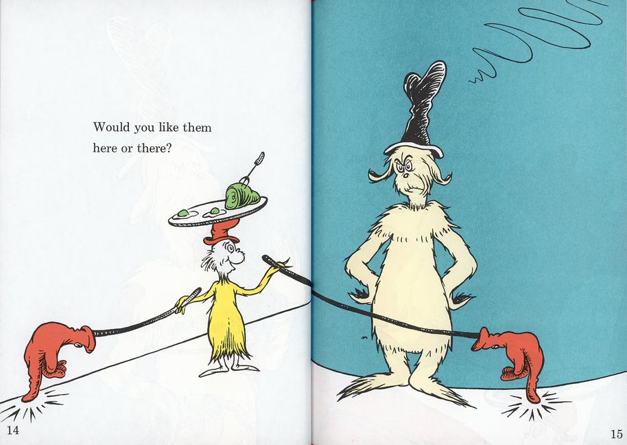 Do you like them here or there? A page from Green Eggs and Ham by Dr Seuss