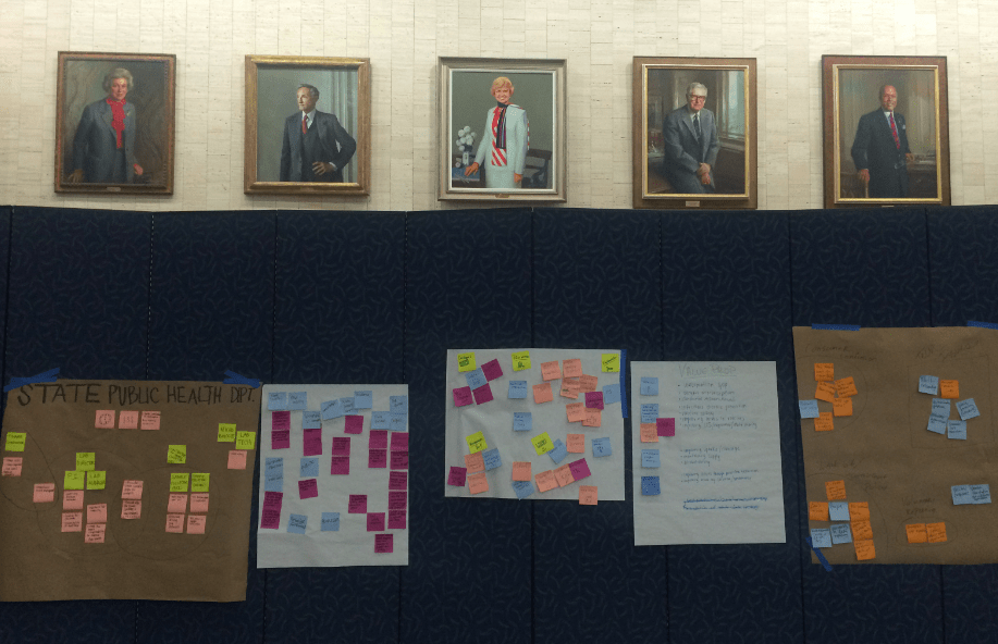 Portraits of past HHS secretaries above Post-its