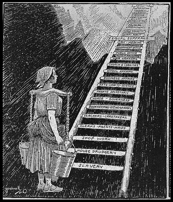 Drawing of a milkmaid standing at the bottom of a ladder with titles of professions on each rung. At the top: presidency.