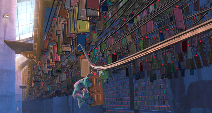 A scene from the movie Monsters Inc: Thousands of doors fly by as Boo, Sully, and Mike hang on to one door. 