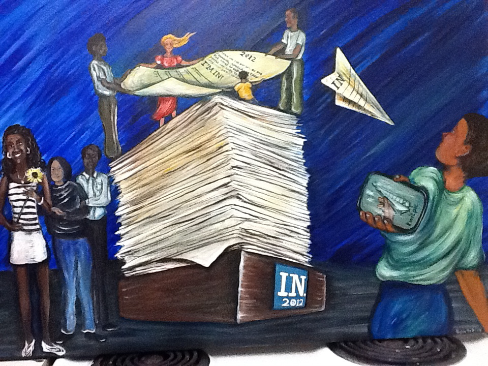 Painting of an inbox stacked with paper with tiny people helping to lift one page