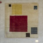 Marcel Breuer tapestry, Floating. Abstract squares in varying sizes and colors in an overall square field, resulting in a well-balanced composition.