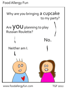 Cartoon: Girl asks, "Why are you bring a cupcake to my party?" Boy replies, "Are you planning to play Russian roulette?" Girl: "No" Boy: "Neither am I"