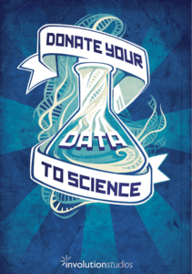 Illustration of a beaker with a ribbon that reads "Donate your data to science" wrapped around it