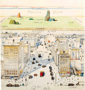 View of the World from 9th Avenue by Saul Steinberg shows great detail of Manhattan, then vague references to New Jersey, the Western U.S., and the Pacific Ocean