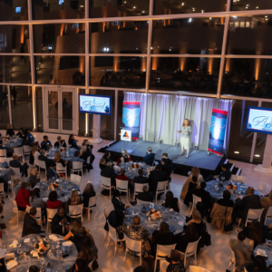 A woman stands on stage giving a speech at a gala dinner