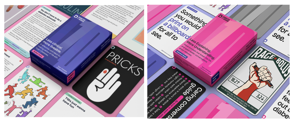 Colorful cards are laid out in a grid. One features a cartoon hand with a red drop of blood on the index finger with the word PRICKS above it. A box is labeled Less clinical, more livable.