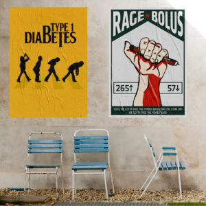 Two posters on a wall above folding chairs. One mimics a famous Beatles album design and reads "Type 1 Diabetes" above four figures. The other poster features a fist holding an insulin pen with the words RAGE BOLUS above it.